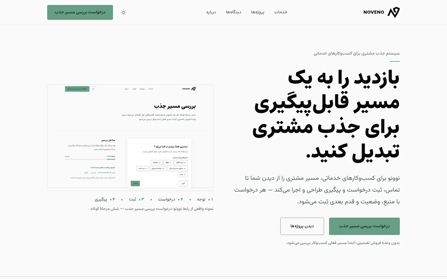 صفحهٔ نخست وب‌سایت نوونو — مسیر جذب با درخواست بررسی